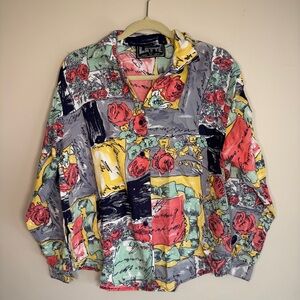 Vintage Floral Patchwork Button-Up Blouse in Coral, Yellow & Mint